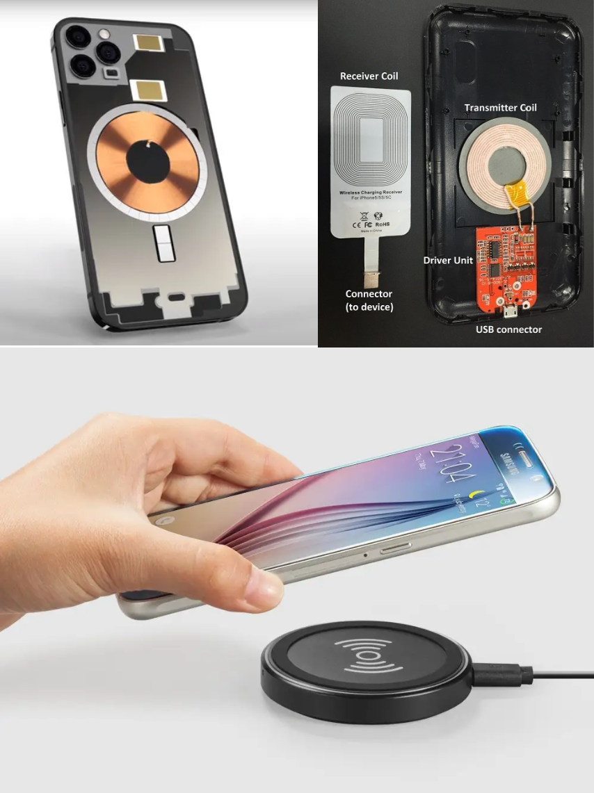 சுருள்களைப் பயன்படுத்தி சார்ஜரிலிருந்து தொலைபேசிக்கு மின் ஆற்றல் கடத்தப்படுகிறது.